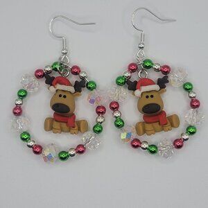 Handmade Beaded Reindeer Hoop Christmas Earrings I'm Sterling Silver